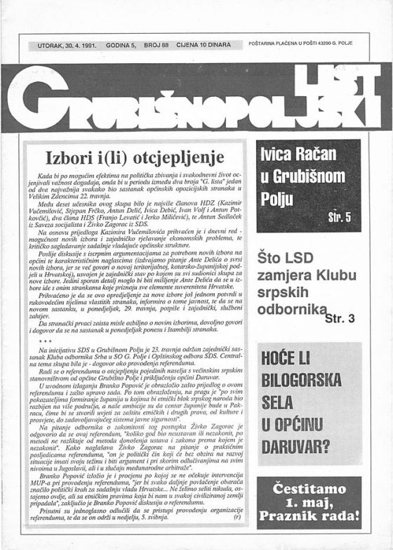 "Grubišnopoljski list", br. 88, od 30. aprila 1991. godine