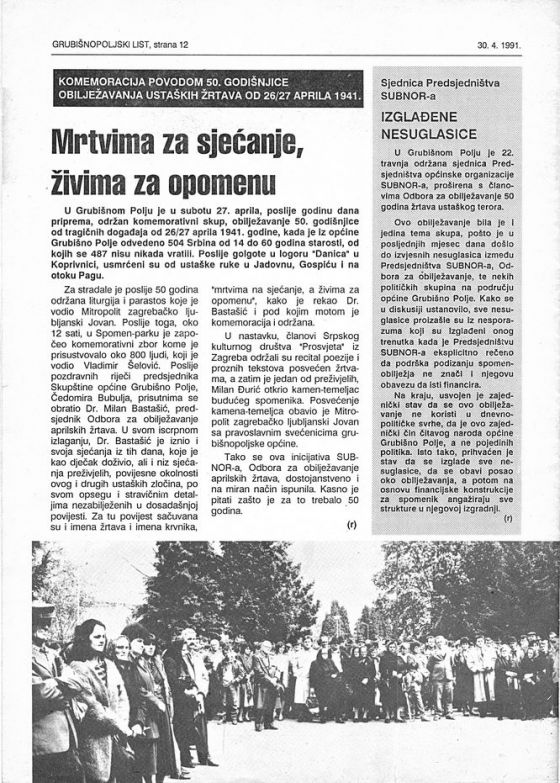 "Grubišnopoljski list", br. 88, od 30. aprila 1991. godine