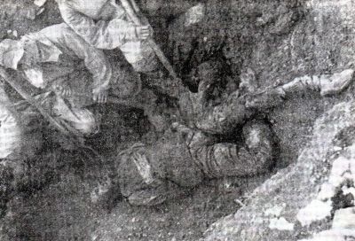 Dead body of adult male person exhumated from the mass grave on the island of
Pag in Croatia. <em>Trattamento degli  Italiani da parte Jugoslava dopo l`8.
settembre 1943 </em>(Editore Palladino), str. 150-b.