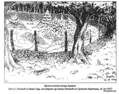 Drawing of the rests of the camp Jadovno on 26 July 1947 by Kosta J.
Popović from Novi Sad, son of killed Dr. Jovan Popović from Sremski Karlovci.
Đuro Zatezalo, <em>Jadovno </em>– <em>kompleks
ustaških logora 1941</em>, Beograd 2007, book I, pp. 276.