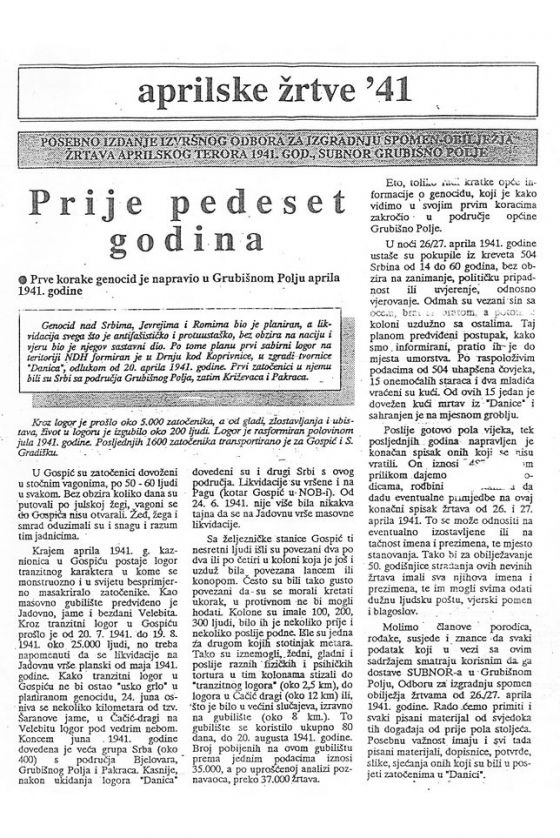 "Prije pedeset godina" - posebno izdanje "Grubišnopoljskog lista" od 29. marta 1991. godine