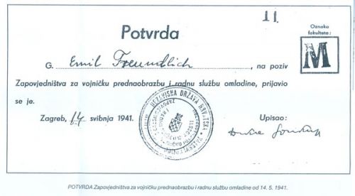 POTVRDA Zapovjedništva za vojničku prednaobrazbu i radnu službu omladine od 14.5.1941.