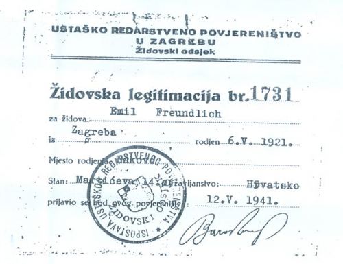 JEWISH
ID number 1731 issued by the Branch of the Ustasha Constabulary Commission –
Jewish Department
