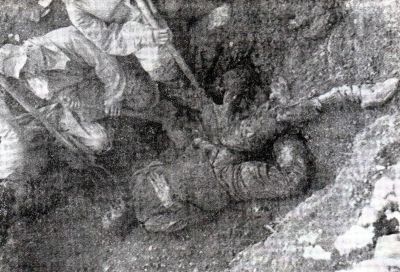 Dead body of adult male person exhumated from the mass grave on the island of Pag in Croatia. <em>Trattamento degli  Italiani da parte Jugoslava dopo l`8. settembre 1943 </em>(Editore Palladino), str. 150-b.