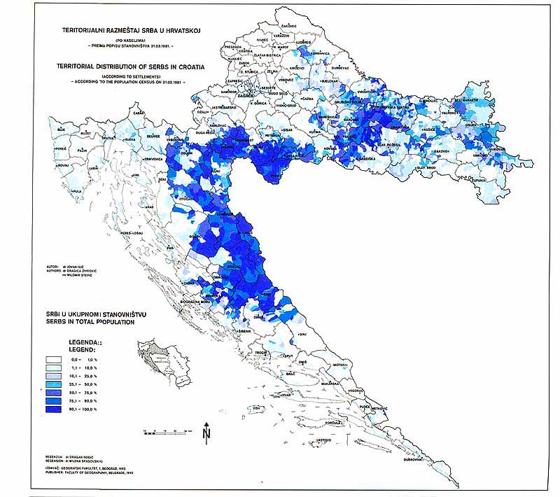 Teritorial distribution of Serbs in Croatia (according to settlements) according to the population census on March 31, 1981 