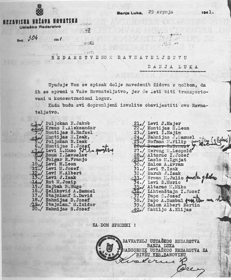 Photograph of an order to deport 40 Jews to the Ustasha death camp of Jasenovac