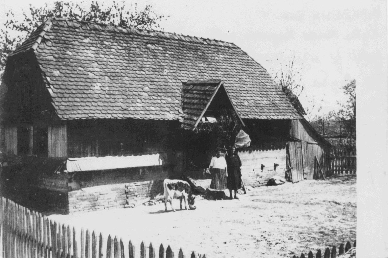 Kuća Mile Karan, ratne 1944. god. pre nego što je izgorela Pred kućom stoje Milina kćerka Ljuba i supruga Milja Snimljeno 15.06.1944. (Foto: B. Turajlić)