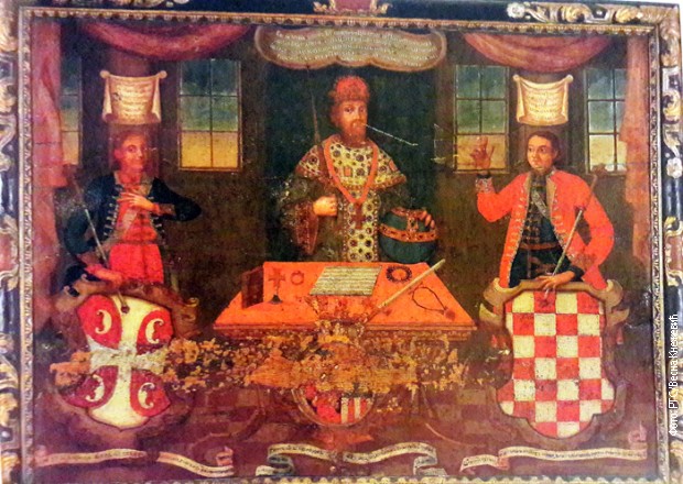 Platno Joakima Markovića-Budimca iz 1750. u salonu Srpskog centra - “Srbi i Hrvati primaju privilegije od vizantijskog cara Vasilija II Bugaroubice (vladao 976-1025)