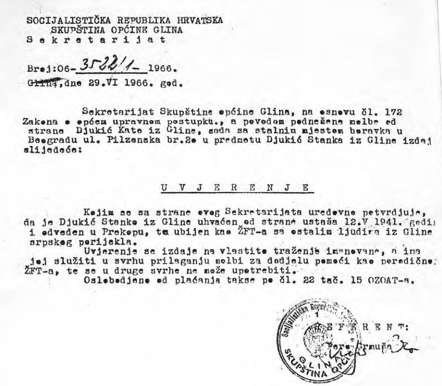 Uvjerenje Skupštine općine Glina iz 1966. o proglašenju mrtvim Đukić Stanka