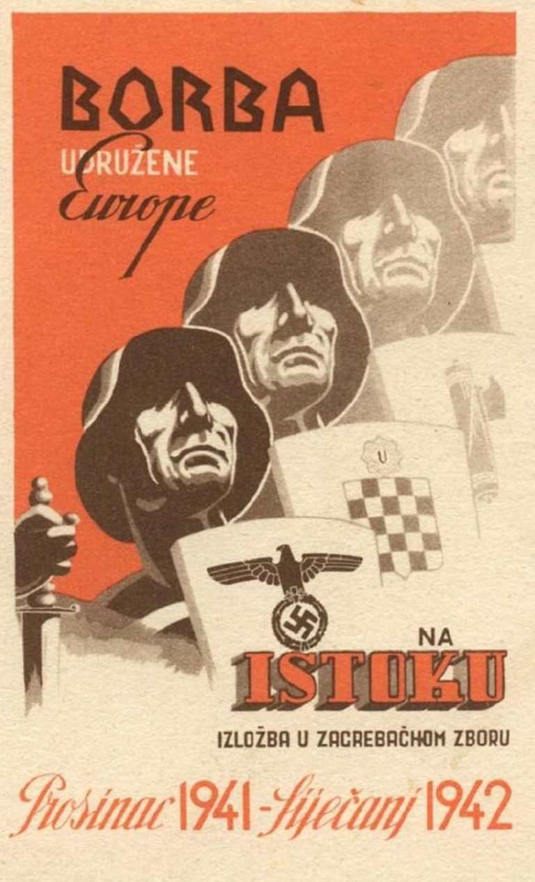 Ustaški plakat iz perioda tzv. NDH koji najavljuje zagrebačku izložbu pod nazivom „Borba udružene Europe na istoku“. Foto: Wikimedia Commons/Bojovnik