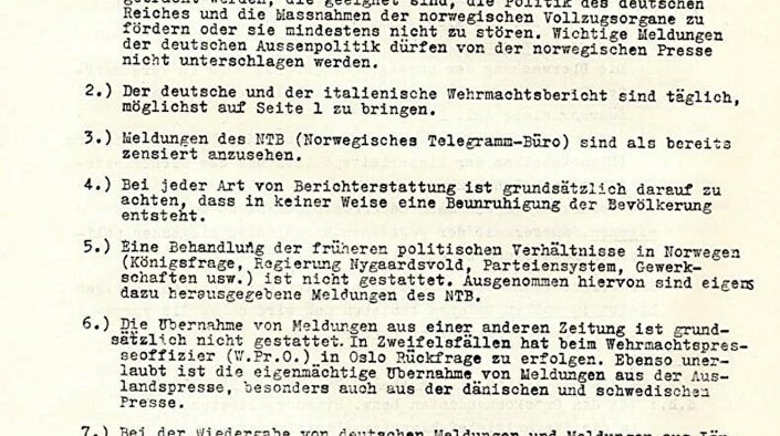  Faksimil dokumenta nacističke Nemačke kojim se daju smernice za uređivanje norveške štampe. © FOTO : NATIONAL LIBRARY OF ISRAEL 