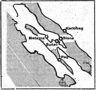 Skica područja na kojem su ustaše organizirali koncentracioni logor – u ljeto 1941. godine. Internirci su transportirani od Gospića do Karlobaga, a zatim brodovima prebacivani do SLANE i METAJNE na otoku Pagu.