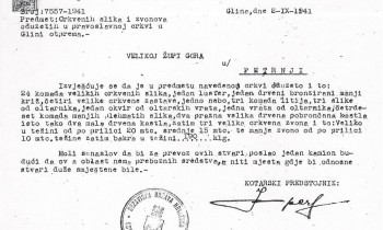 Dopis kotarskog predstojnika u Glini Dragutina Impera Velikoj župi Gora u Petrinji od 2. rujna 1941.