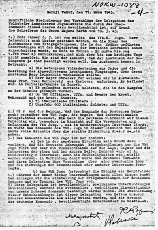 Dokument sporazuma Partizana i Nemaca iz Marta 1943 na nemackom